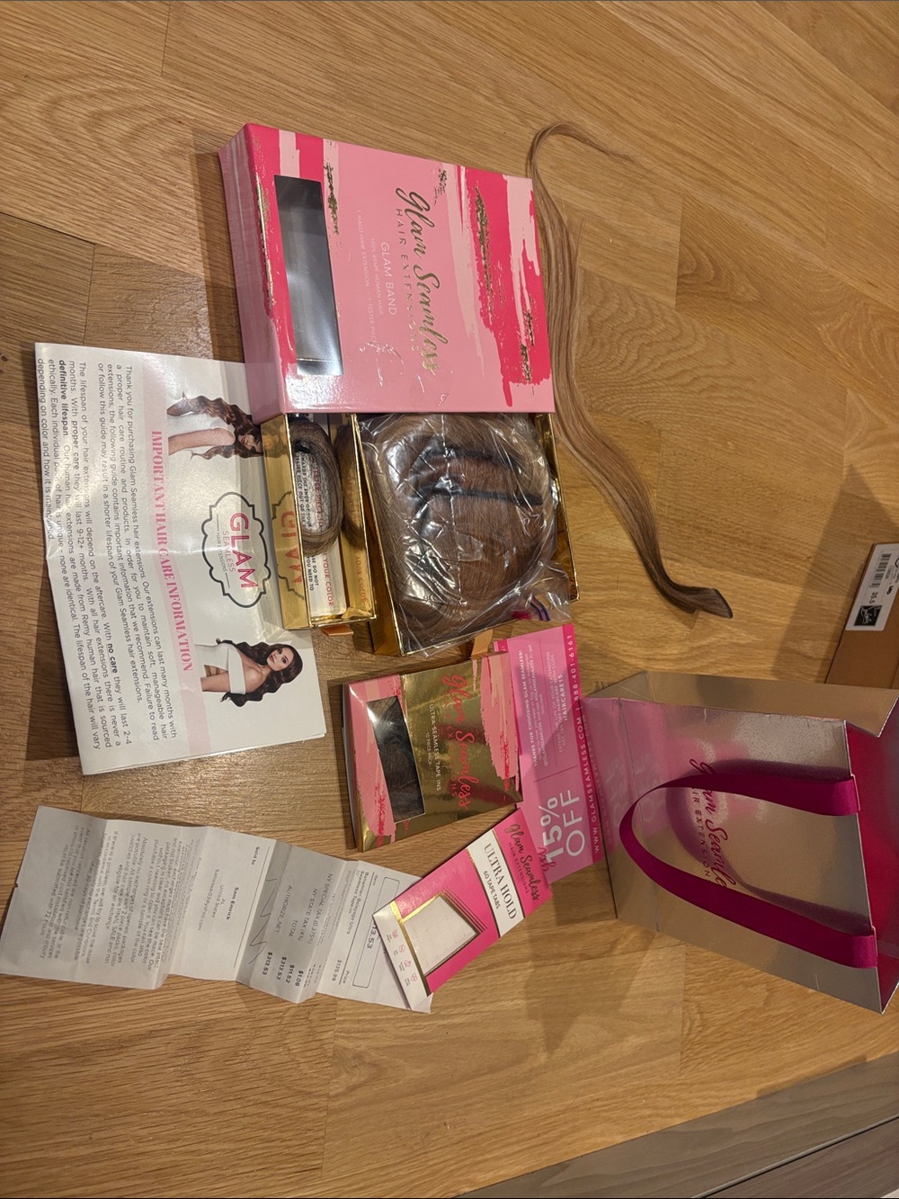 glam Brown Seamless Hair Extensions Set with Pink Packaging